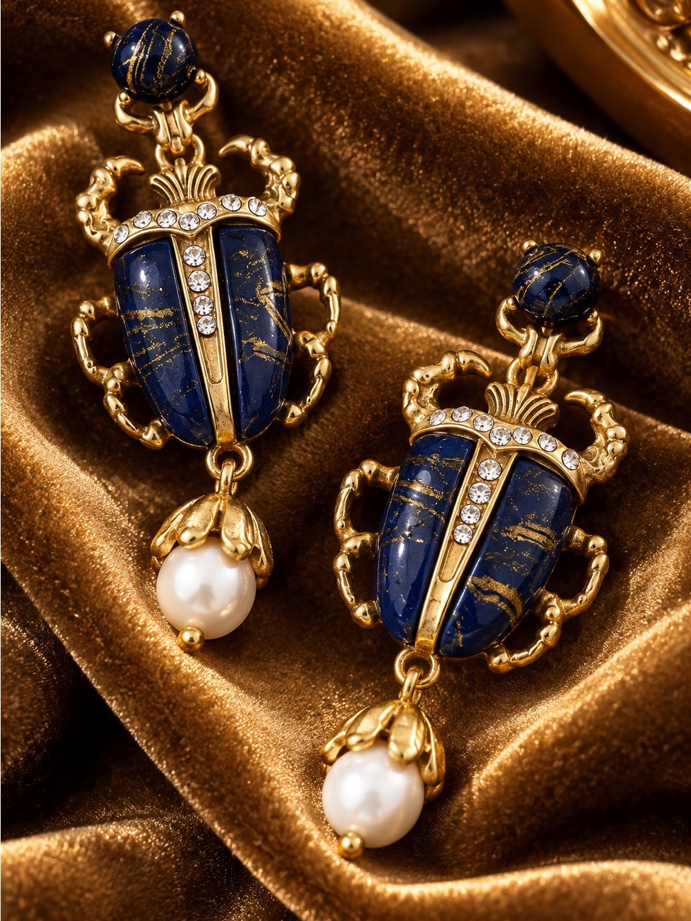 Vintage Gold color and Navy Scarab Earrings with Pearl Drop